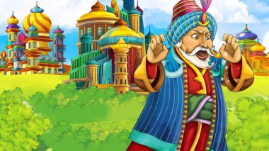 Ortaçağ Arap krallığının prensi ya da kralının seyahat ettiği karikatür sahnesi - uzak doğu süsleri - çocuklar için farklı kullanım sahnesi - illüstrasyon