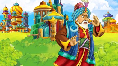 Ortaçağ Arap krallığının prensi ya da kralının seyahat ettiği karikatür sahnesi - uzak doğu süsleri - çocuklar için farklı kullanım sahnesi - illüstrasyon