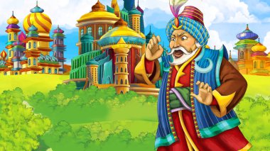 Ortaçağ Arap krallığının prensi ya da kralının seyahat ettiği karikatür sahnesi - uzak doğu süsleri - çocuklar için farklı kullanım sahnesi - illüstrasyon