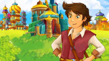 Ortaçağ Arap krallığının prensi ya da kralının seyahat ettiği karikatür sahnesi - uzak doğu süsleri - çocuklar için farklı kullanım sahnesi - illüstrasyon