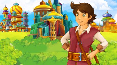 Ortaçağ Arap krallığının prensi ya da kralının seyahat ettiği karikatür sahnesi - uzak doğu süsleri - çocuklar için farklı kullanım sahnesi - illüstrasyon