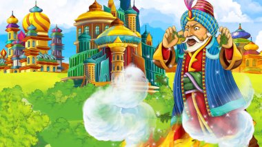 Ortaçağ Arap krallığının prensi ya da kralının seyahat ettiği karikatür sahnesi - uzak doğu süsleri - çocuklar için farklı kullanım sahnesi - illüstrasyon