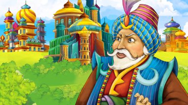 Ortaçağ Arap krallığının prensi ya da kralının seyahat ettiği karikatür sahnesi - uzak doğu süsleri - çocuklar için farklı kullanım sahnesi - illüstrasyon