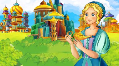 Ortaçağ Arap Devletleri prenses veya Kraliçe - uzak doğu süsler - seyahat ile sahne sahne için farklı kullanım - çocuklar için illüstrasyon karikatür