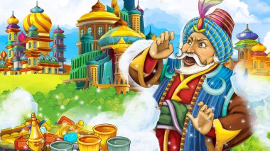 Ortaçağ Arap krallığının prensi ya da kralının seyahat ettiği karikatür sahnesi - uzak doğu süsleri - çocuklar için farklı kullanım sahnesi - illüstrasyon