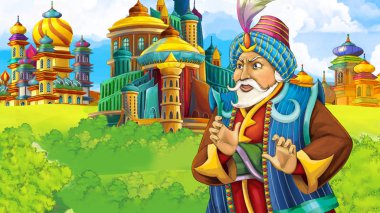 Ortaçağ Arap krallığının prensi ya da kralının seyahat ettiği karikatür sahnesi - uzak doğu süsleri - çocuklar için farklı kullanım sahnesi - illüstrasyon