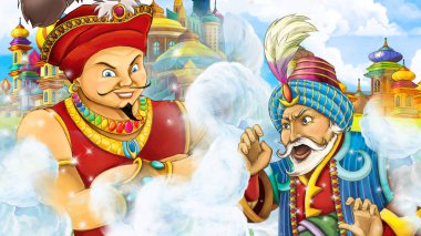 Ortaçağ Arap Devletleri prens ya da Kral seyahat karşılaşıyor sihirbaz - uzak doğu süsler - ile sahne sahne için farklı kullanım - çocuklar için illüstrasyon karikatür