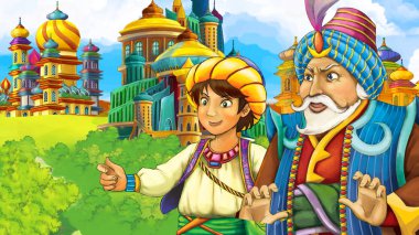 Ortaçağ Arap Devletleri Prens ve Kral - uzak doğu süsler - seyahat ile sahne sahne için farklı kullanım - çocuklar için illüstrasyon karikatür