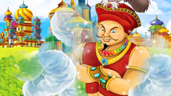 Cartoon Scène Met Middeleeuwse Arabische Koninkrijk Prins Koning Magician Verre — Stockfoto