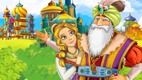 cartoon scene with medieval arabic kingdom father and daughter - far east ornaments - the stage for different usage - illustration for children