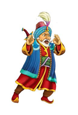 Beyaz arka planda kılıç taşıyan Arap şövalyeli ya da prensli çizgi film sahnesi - çocuklar için illüstrasyon