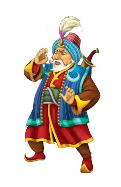 Beyaz arka planda kılıç taşıyan Arap şövalyeli ya da prensli çizgi film sahnesi - çocuklar için illüstrasyon