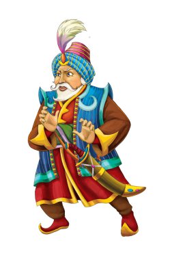 Beyaz arka planda kılıç taşıyan Arap şövalyeli ya da prensli çizgi film sahnesi - çocuklar için illüstrasyon