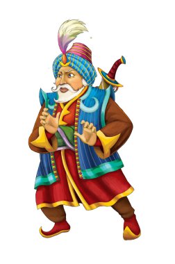 Beyaz arka planda kılıç taşıyan Arap şövalyeli ya da prensli çizgi film sahnesi - çocuklar için illüstrasyon