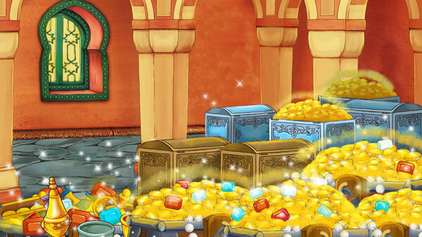 cartoon scene with medieval arabic room with treasures - far east ornaments - the stage for different usage - illustration for children