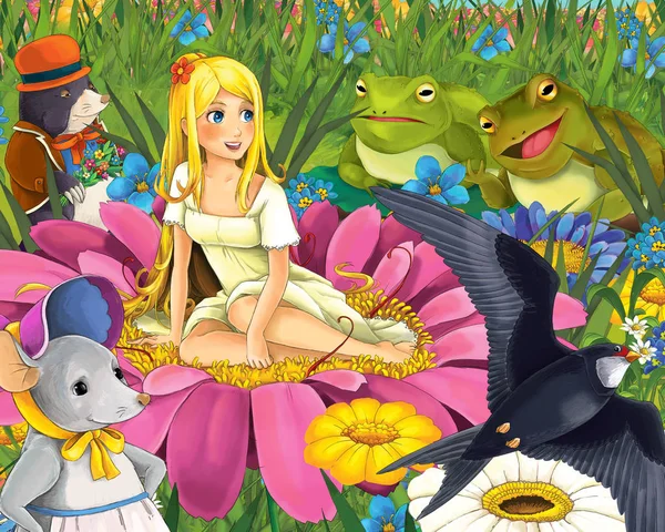 Cartoon Scene Young Beautiful Elf Girl Meadow Flying Different Animal — Stock Photo, Image