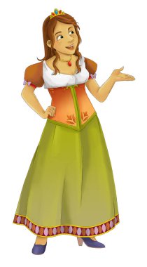 Beyaz arka planda güzel prensesin olduğu çizgi film sahnesi - çocuklar için illüstrasyon