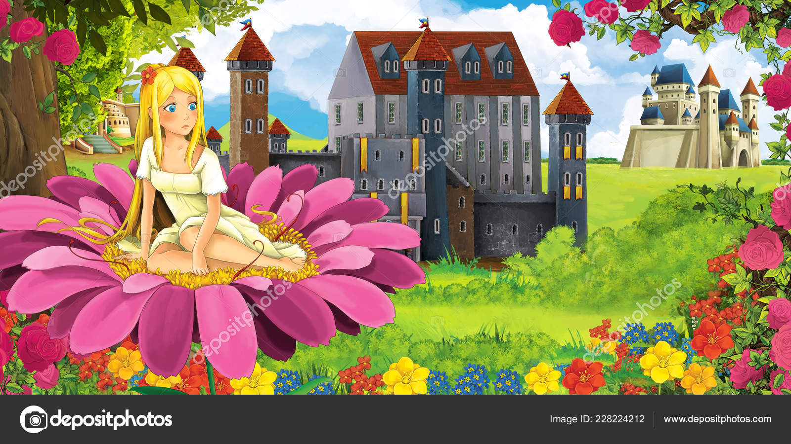 Scène Nature Dessin Animé Avec Beaux Châteaux Proximité