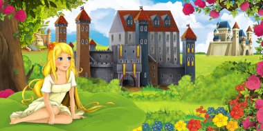 Güzel genç kız - illüstrasyon çocuklar için ormanı yakınındaki güzel kaleleri ile çizgi film doğa manzara