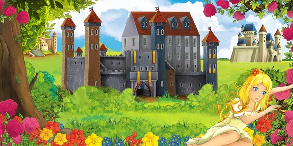 动画片自然场面与美丽的城堡在森林附近和休息的女孩 例证为孩子 — 图库照片