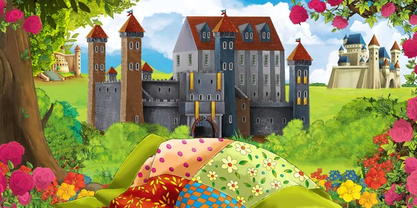 子供のための図に毛布と森の近くの美しい城と漫画自然シーン — ストック写真