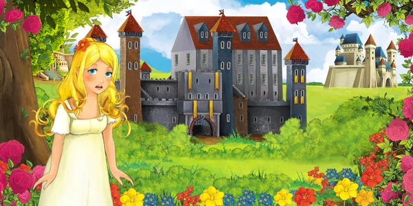 动画片自然场面与美丽的城堡在森林附近与美丽的年轻女孩 例证为孩子 — 图库照片