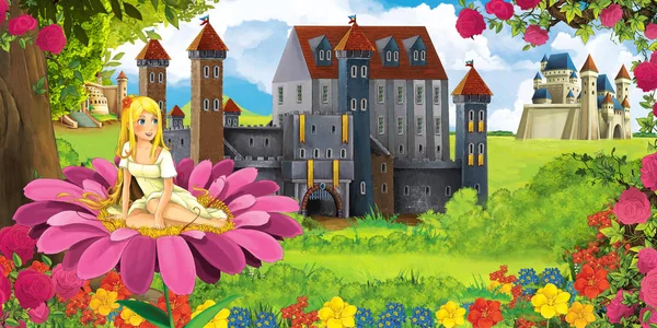 美しい若いエルフの女の子 子供のための図と森の近くの美しい城と漫画自然シーン — ストック写真