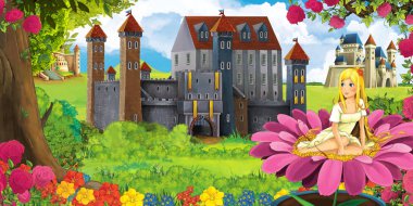 Güzel genç elf girl - illüstrasyon çocuklar için ormanı yakınındaki güzel kaleleri ile çizgi film doğa manzara