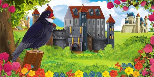 Cartoon nature scene with beautiful castles near the forest and resting cuckoo bird - illustration for the children — Stock Photo, Image