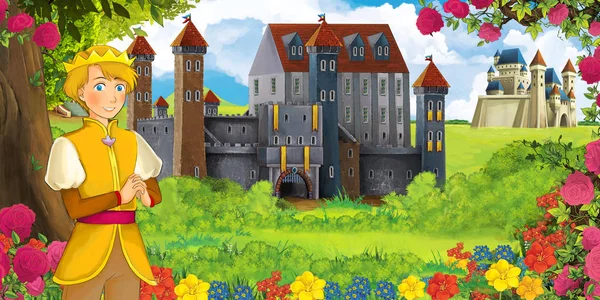 森林附近有漂亮城堡和英俊小男孩的卡通自然场景 给孩子们的插图 — 图库照片