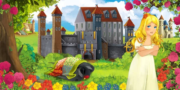 Cartoon Nature Scene Beautiful Castles Forest Resting Cuckoo Bird Young — Stock Photo, Image