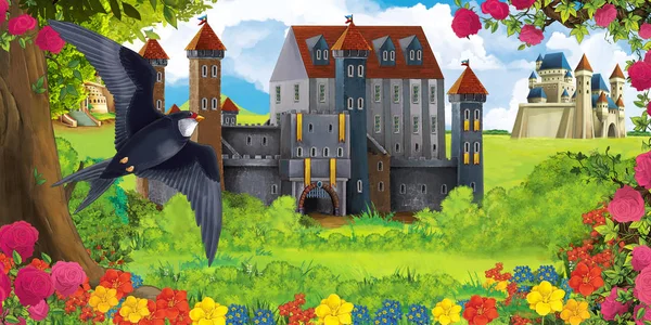 Dessin Animé Scène Nature Avec Beaux Châteaux Près Forêt Oiseau — Photo