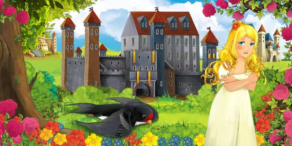 Cartoon Nature Scene Beautiful Castles Forest Resting Cuckoo Bird Young — Stock Photo, Image