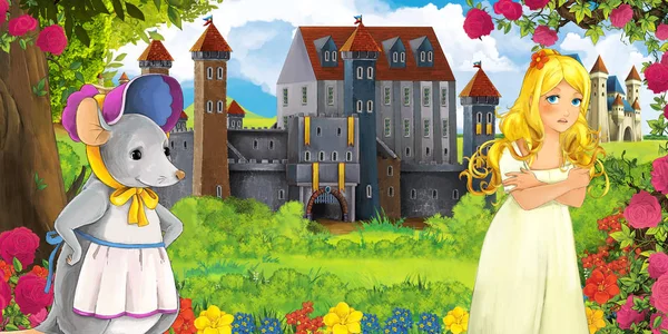 动画片自然场面与美丽的城堡在森林老鼠附近和年轻女孩看 例证为孩子 — 图库照片