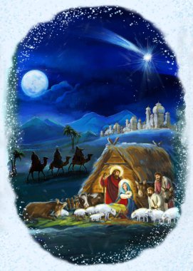 farklı kullanım için kutsal aile ile geleneksel Noel çerçeveli sahne