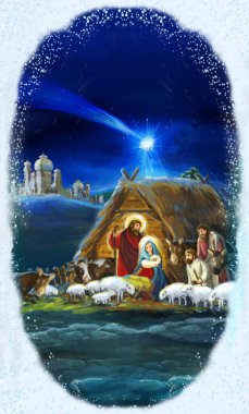 farklı kullanım için kutsal aile ile geleneksel Noel çerçeveli sahne