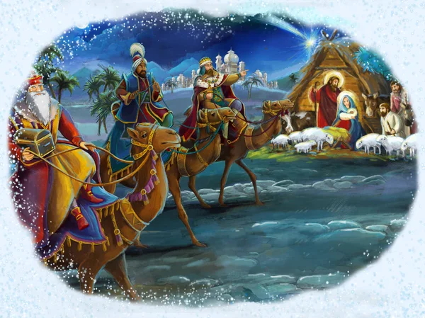 传统的圣诞节框架场景与神圣的家庭为不同的用法 — 图库照片