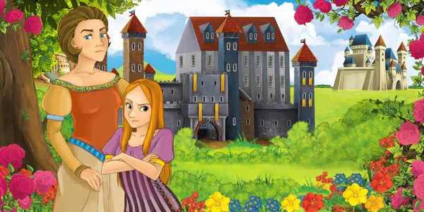 Cartoon Nature Scene Beautiful Castles Forest Beautiful Young Girl Her — Stock Photo, Image