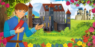 Karikatür doğa sahnesi. Ormanın yakınındaki güzel şatolarda, yakışıklı genç bir çocukla birlikte. Çocuklar için bir resim.