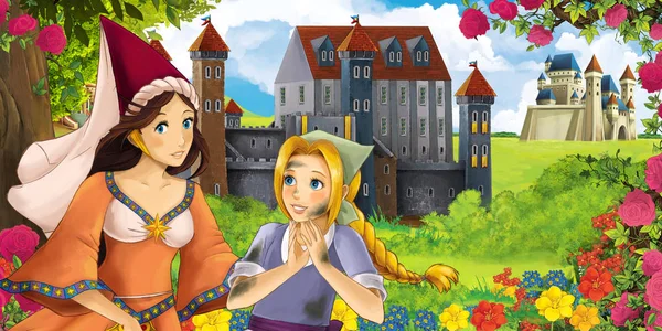 动画片自然场面与美丽的城堡在森林附近与美丽的年轻公主巫师和女孩 例证为孩子 — 图库照片