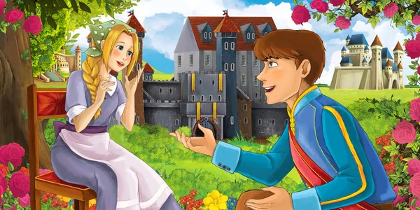 Güzel genç kız ve Prens - illüstrasyon çocuklar için ormanı yakınındaki güzel kaleleri ile çizgi film doğa manzara