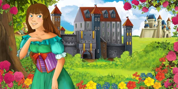 动画片自然场面与美丽的城堡在森林附近与美丽的年轻女孩 例证为孩子 — 图库照片