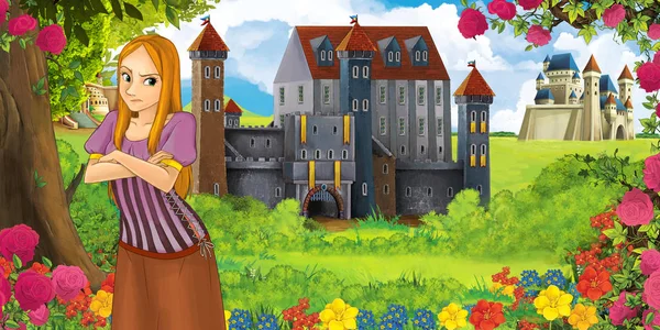 Cartoon Nature Scene Beautiful Castles Forest Beautiful Young Girl Illustration — Stock Photo, Image