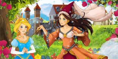 Güzel genç prenses büyücü kadın ve kız - illüstrasyon çocuklar için ormanı yakınındaki güzel kaleleri ile çizgi film doğa manzara