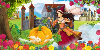 Kabak - illüstrasyon çocuklar için uçan üzerinde güzel genç prenses büyücü döküm büyü ile forest yakınındaki güzel kaleleri ile çizgi film doğa sahne