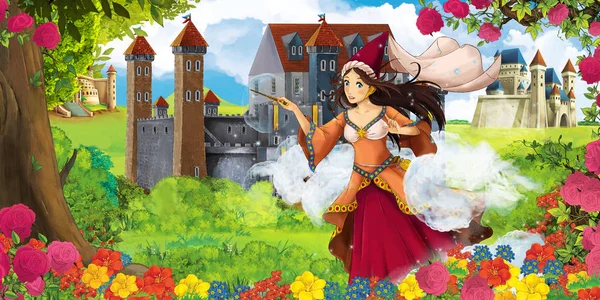 Cartoon Nature Scene Beautiful Castles Forest Beautiful Young Princess Sorceress — Stock Photo, Image