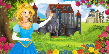 Güzel genç prenses - illüstrasyon çocuklar için ormanı yakınındaki güzel kaleleri ile çizgi film doğa manzara