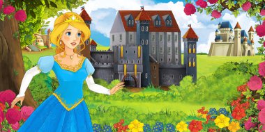 Güzel genç prenses - illüstrasyon çocuklar için ormanı yakınındaki güzel kaleleri ile çizgi film doğa manzara