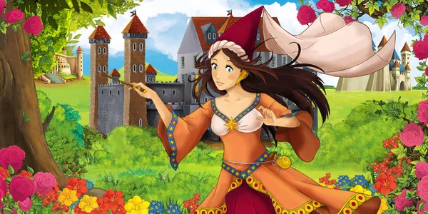 Cartoon Nature Scene Beautiful Castles Forest Beautiful Young Princess Sorceress — Stock Photo, Image