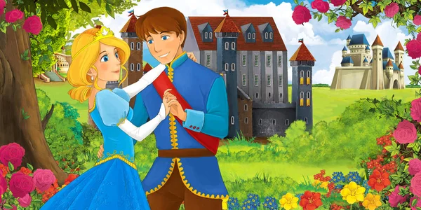 Güzel genç kız - illüstrasyon çocuklar için ormanı yakınındaki güzel kaleleri ile çizgi film doğa manzara